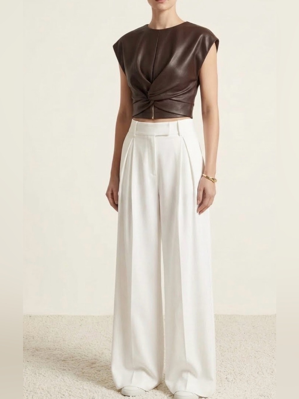 Commense faux Dark Brown Leather Twist-Front Crop